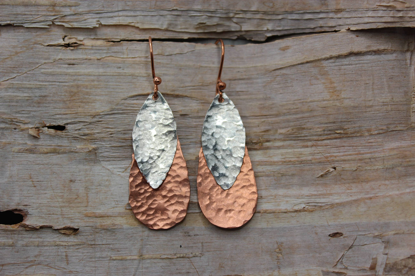 "NEW" EARRINGS - Hammered Copper & Silver Earrings – Mixed Metal Rustic