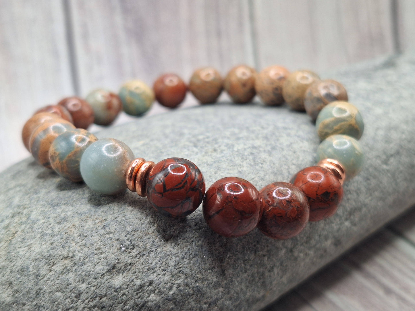 "NEW" - BRACELET - Red Jasper & Aqua Terra Jasper Bracelet with Copper Accents