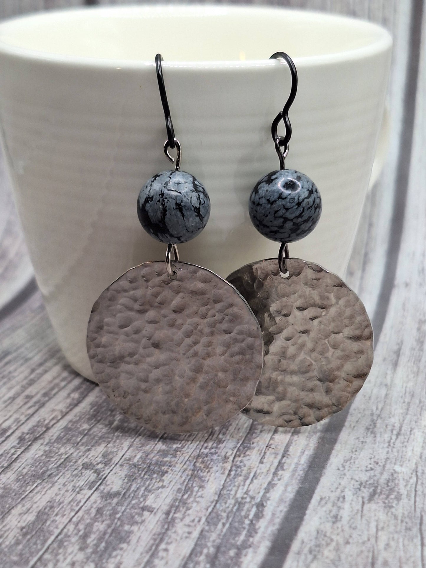 "NEW" EARRINGS - HAMMERED SILVER DISC + Snowflake Obsidian tones