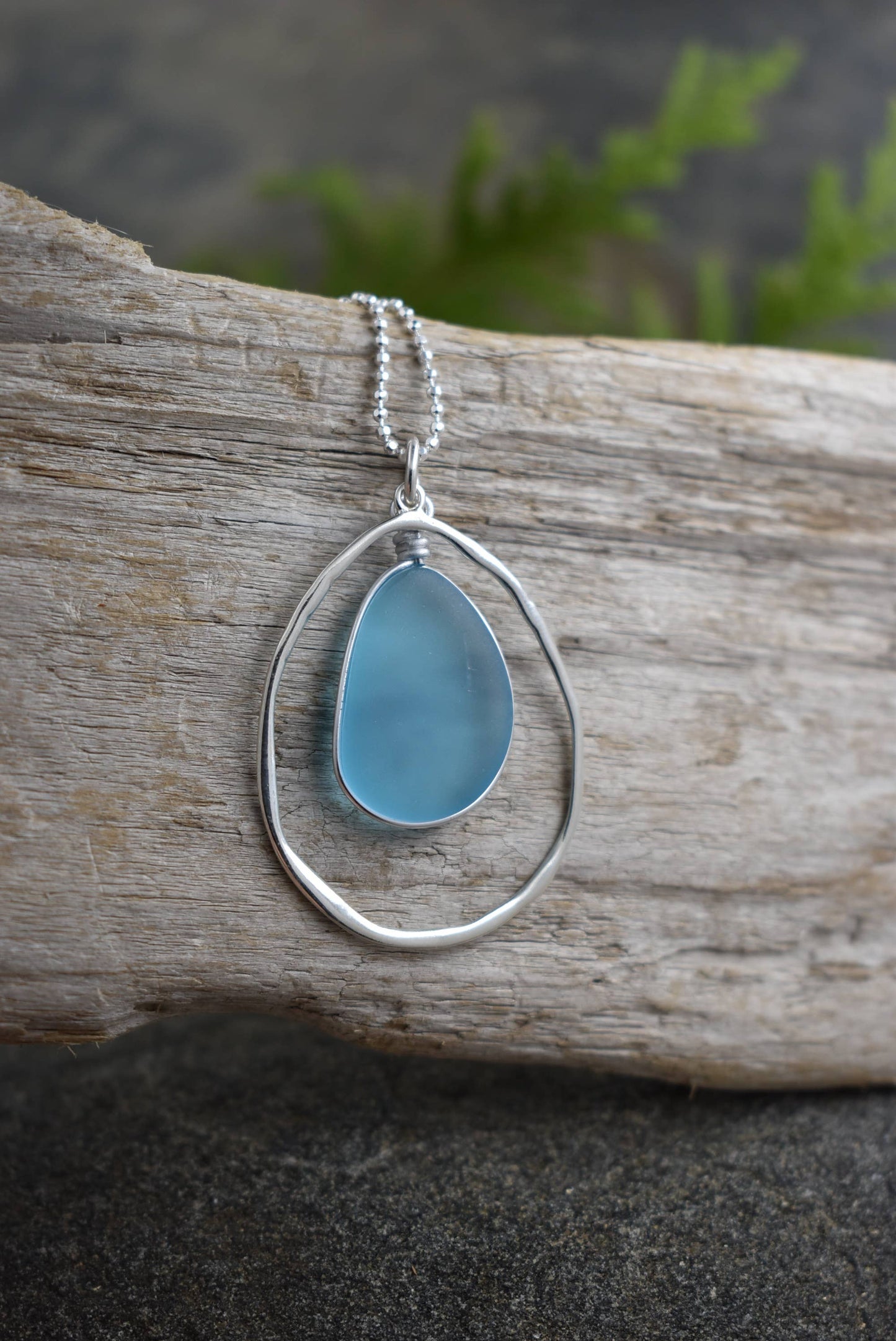 "NEW" NECKLACE - STERLING SILVER PENDANT RECYCLED GLASS -Aqua