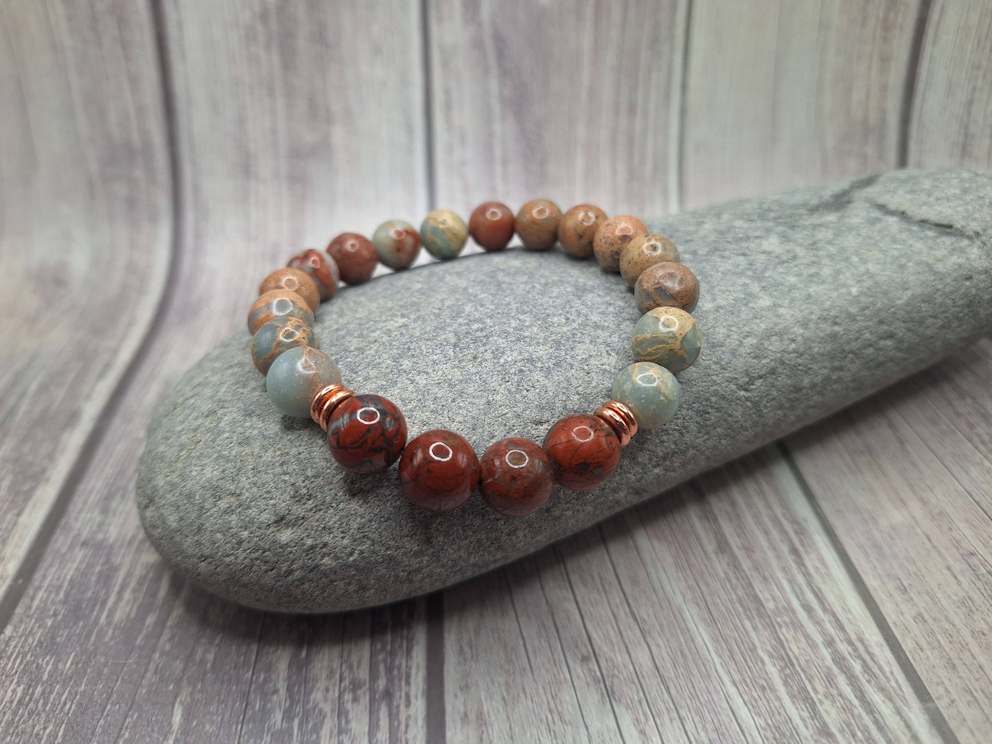 "NEW" - BRACELET - Red Jasper & Aqua Terra Jasper Bracelet with Copper Accents