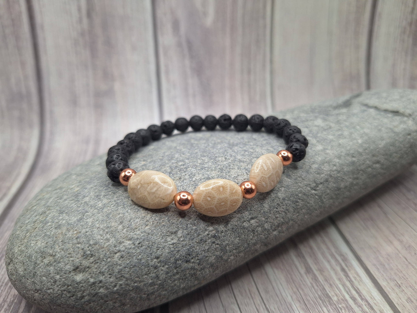 NEW - BRACELET - FOSSIL JASPER + LAVA + COPPER