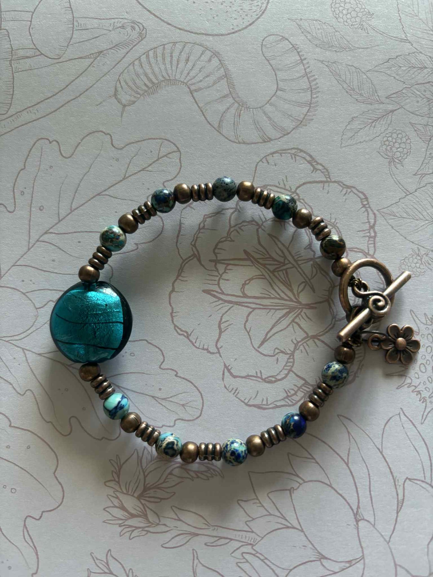 NEW - BRACELET - COPPER TIDES - IMPERIAL JASPER + TEAL LAMPWORK By Wild & Rooted