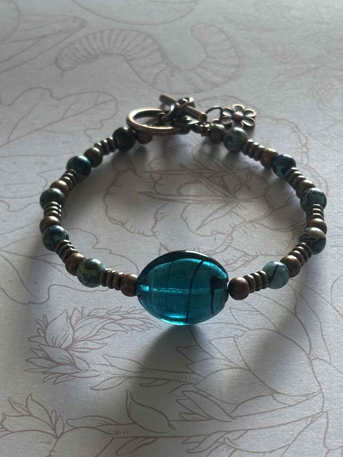 NEW - BRACELET - COPPER TIDES - IMPERIAL JASPER + TEAL LAMPWORK By Wild & Rooted