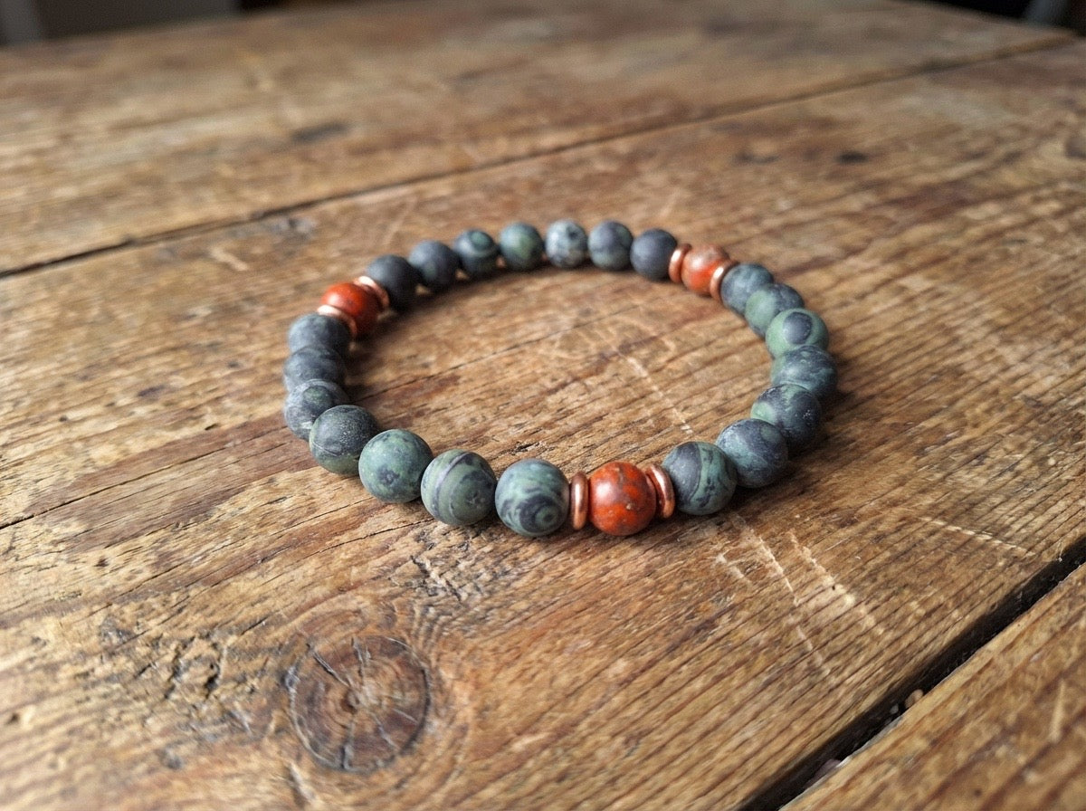 BRACELET - Dark Green Zebra Jasper & Orange Imperial Stone with Copper Accents