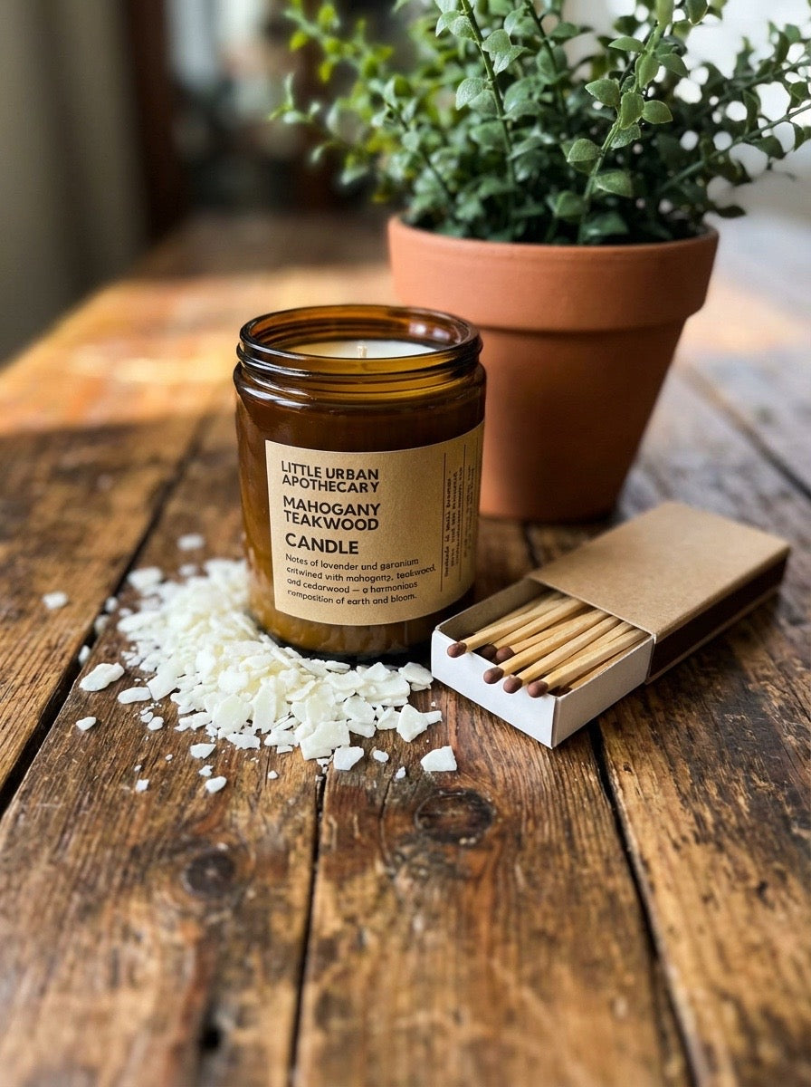 NEW - CANDLE - MAHOGANY TEAKWOOD - SOY + WOODEN WICK