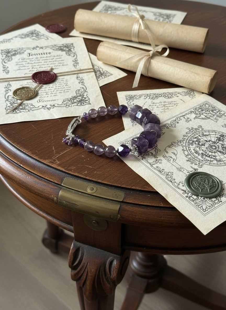 NEW - BRACELET - AMETHYST GEMSTONE SLICES + MELON STONES + SILVER TOGGLE