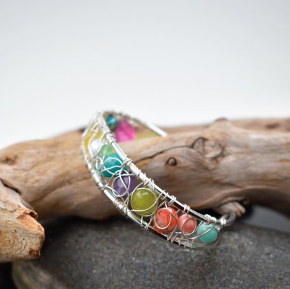 "NEW" CUFF BRACELET - WOVEN WIRE SUMMER GEMSTONES & CRYSTALS