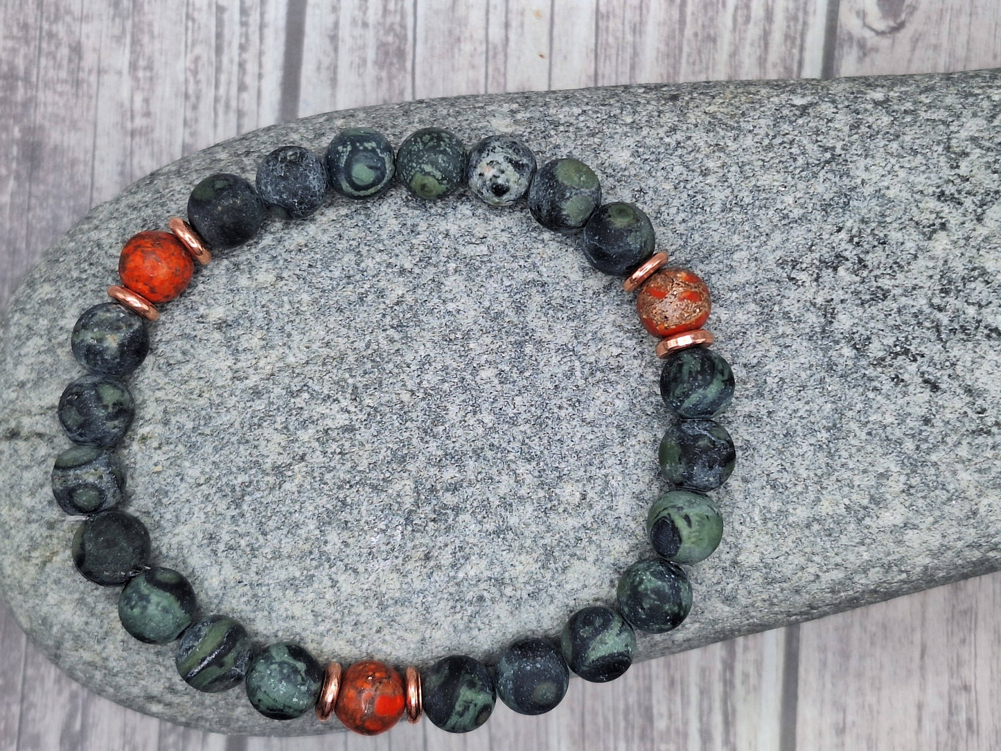"NEW" BRACELET - Dark Green Zebra Jasper & Orange Imperial Stone with Copper Accents