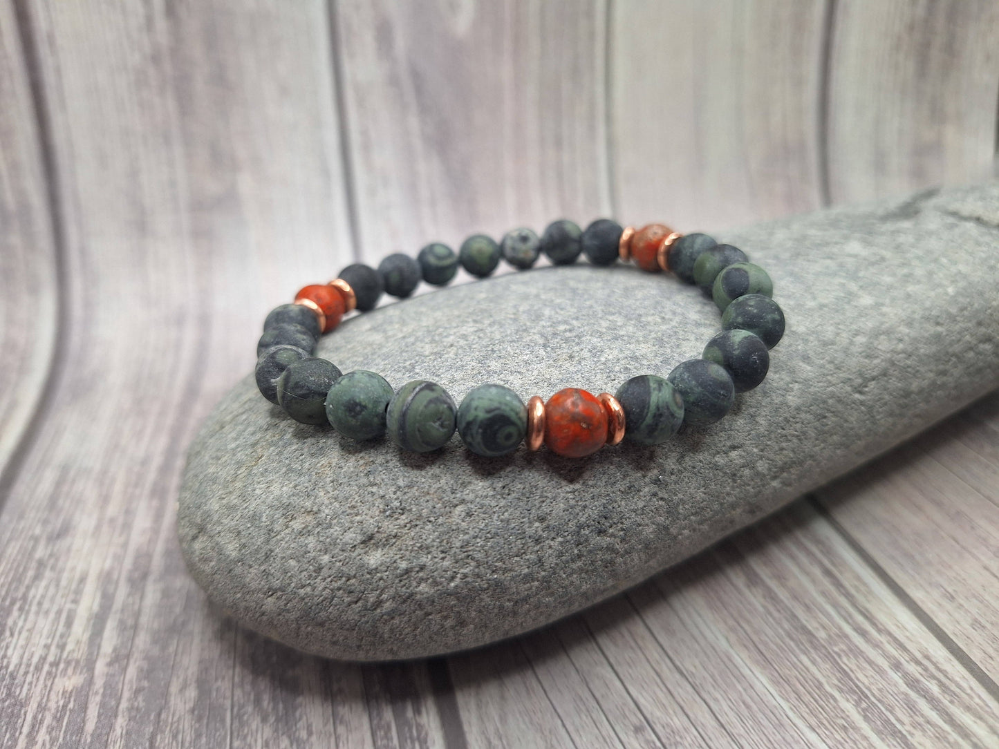 "NEW" BRACELET - Dark Green Zebra Jasper & Orange Imperial Stone with Copper Accents