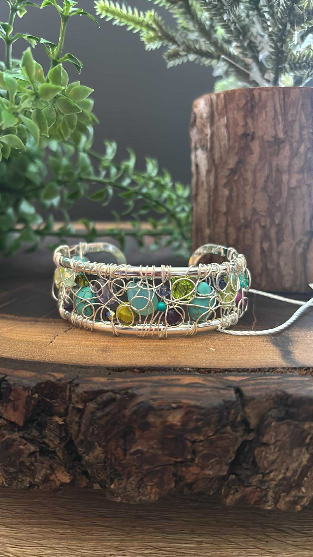 "NEW" WIDE CUFF BRACELET - WIRE WOVEN TURQUOISE, SWAROVSKI, SEAGLASS
