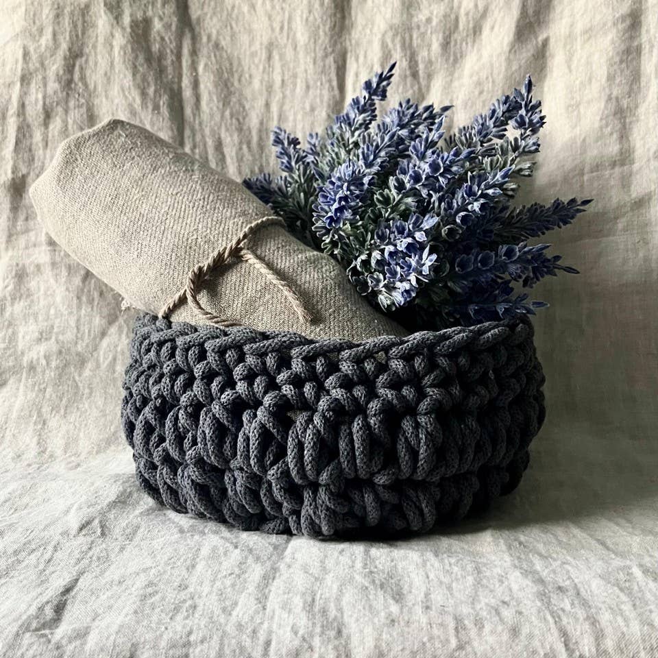 "NEW" ROPE BOWL - HANDMADE CROCHETED - Recycled Cotton - Dark Grey