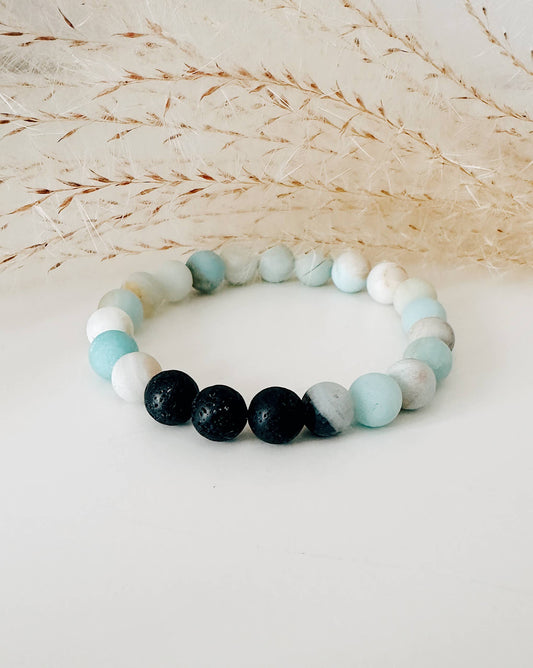"NEW" - BRACELET - Matte Amazonite Gemstone with Lava Beads – 7 Inch