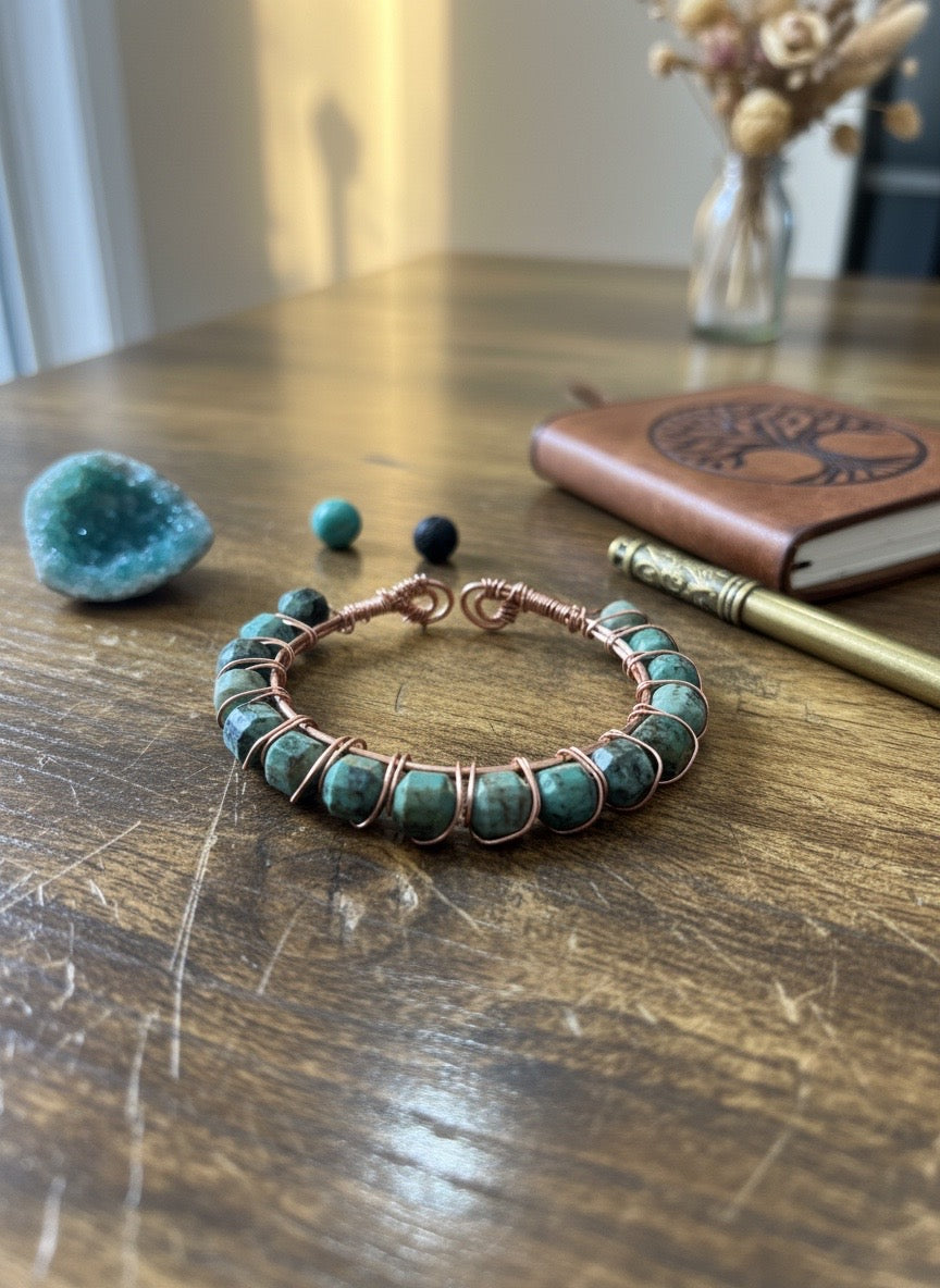 Copper Cuff Bracelet - 🌿 Handmade Copper-Wrapped African Turquoise Gemstones