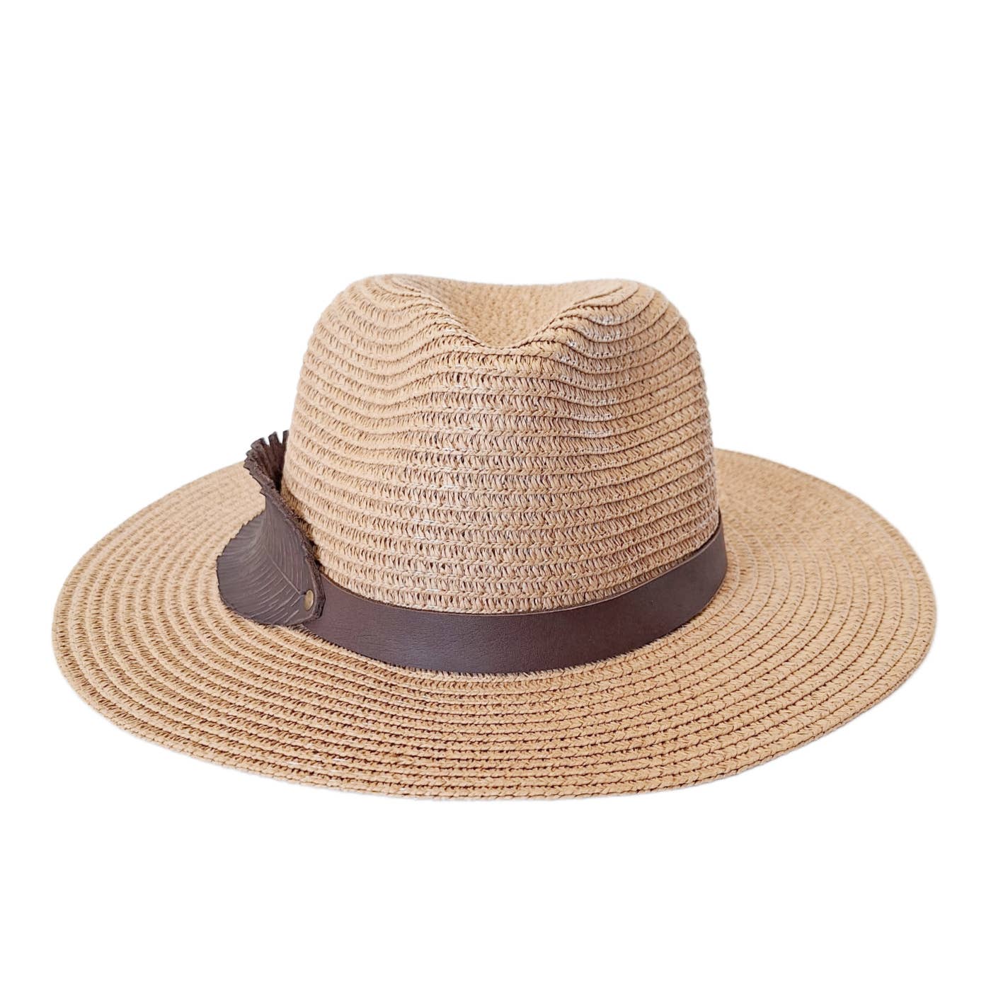 "NEW" FEDORA HAT - Womens Straw with Hand-Carved Feather Leather Band