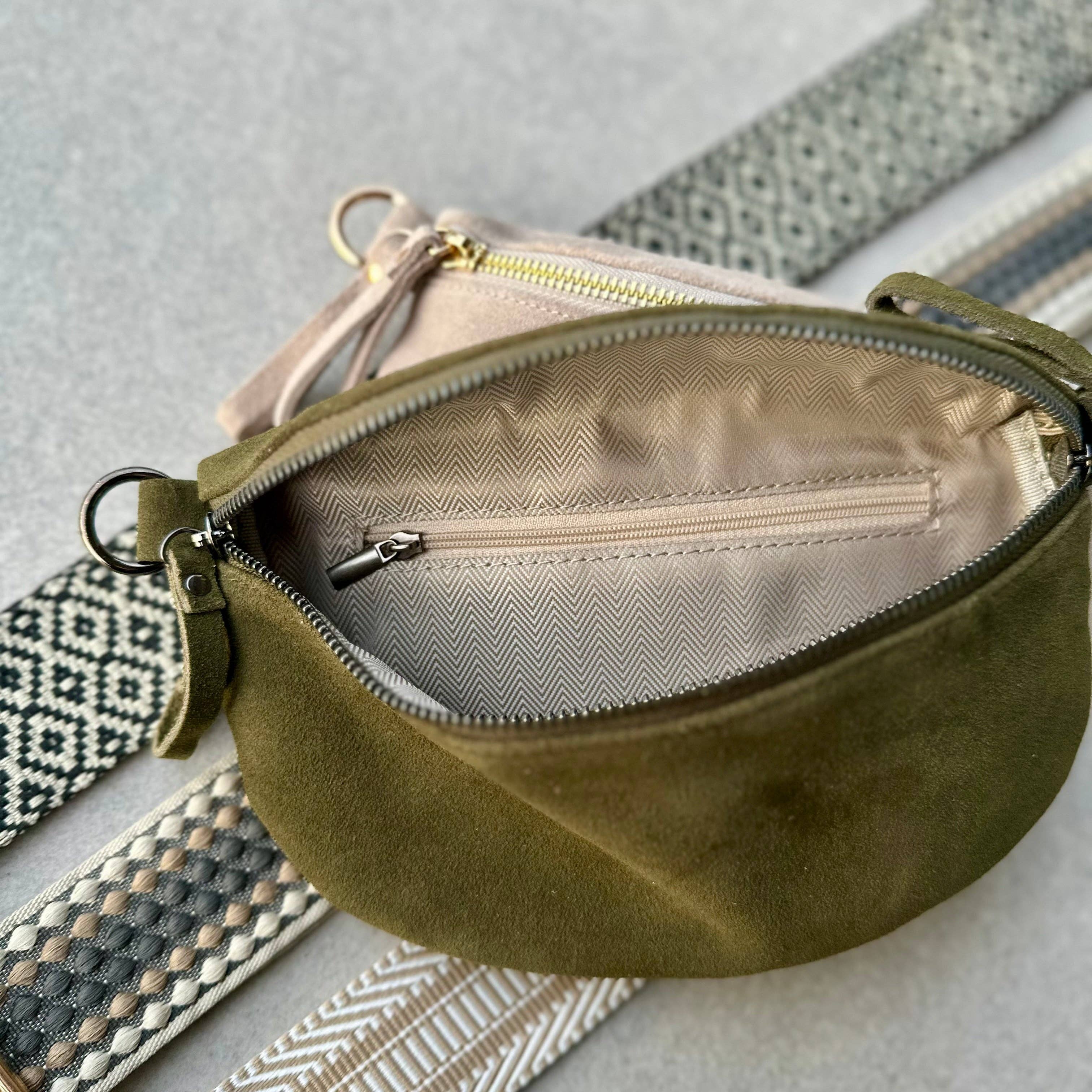 CROSSBODY BAG - SAGEWOOD - Suede & Printed Wide Strap (Handmade)
