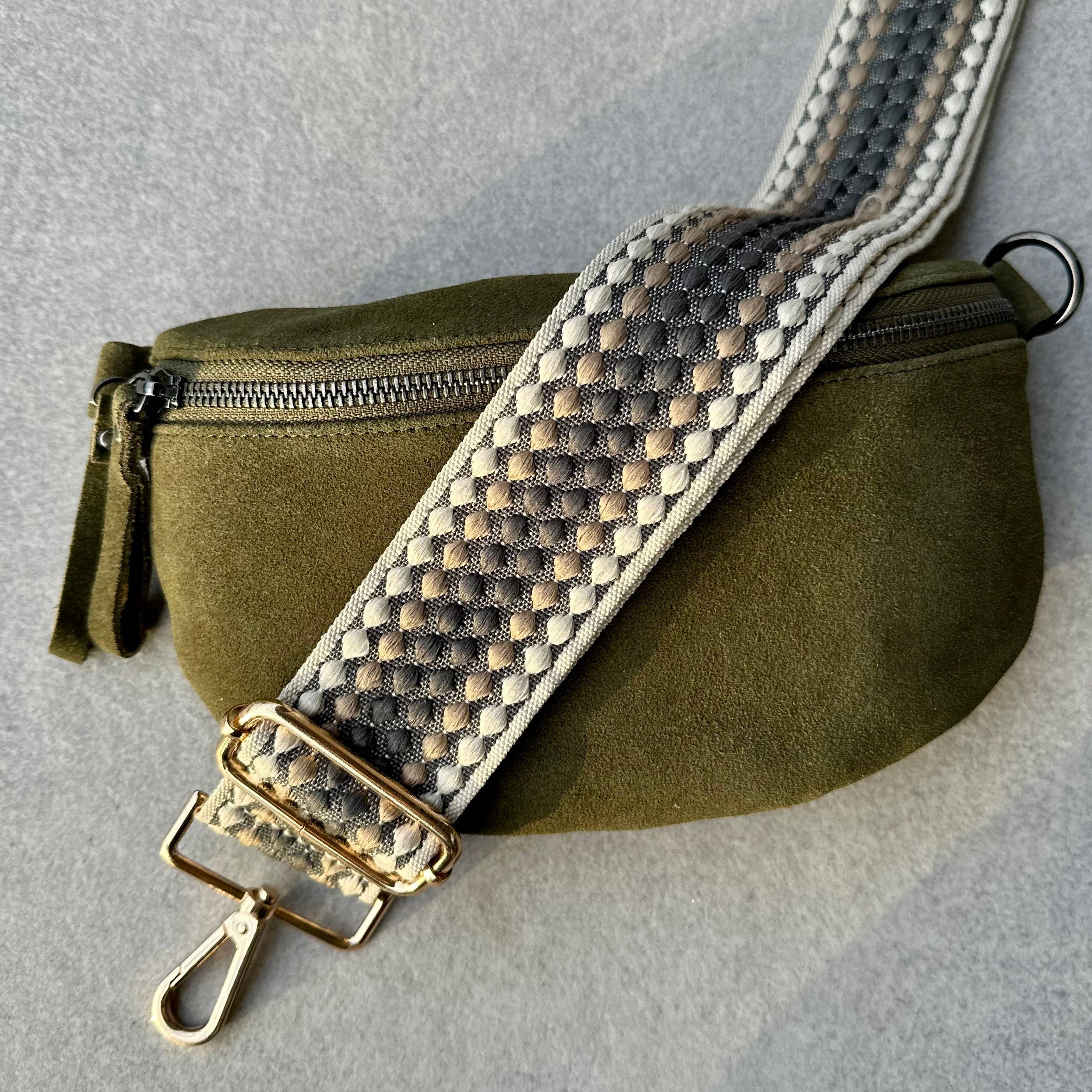 CROSSBODY BAG - SAGEWOOD - Suede & Printed Wide Strap (Handmade)