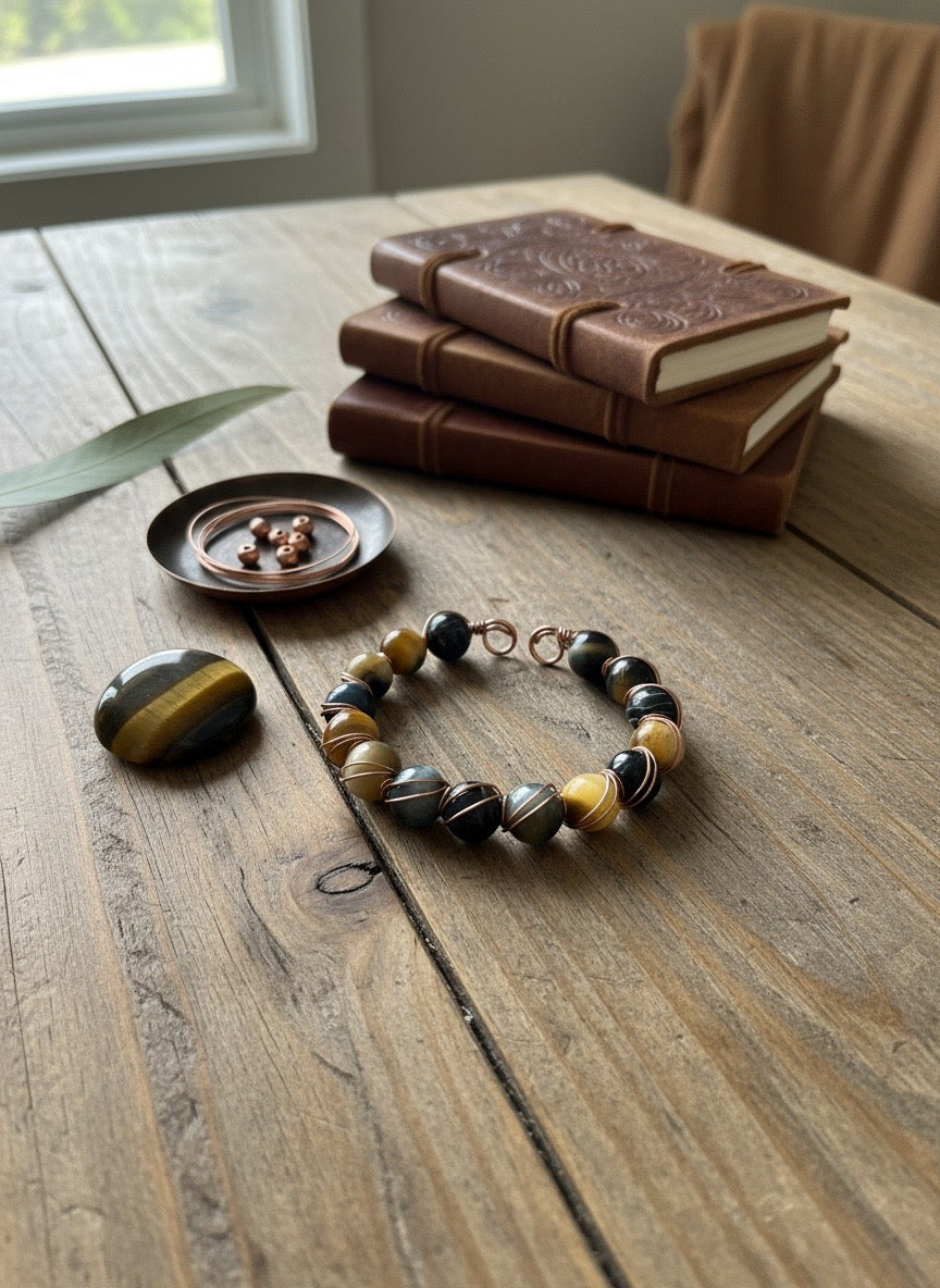 COPPER & Yellow Blue Tiger Eye Wire Wrapped Cuff Bracelet