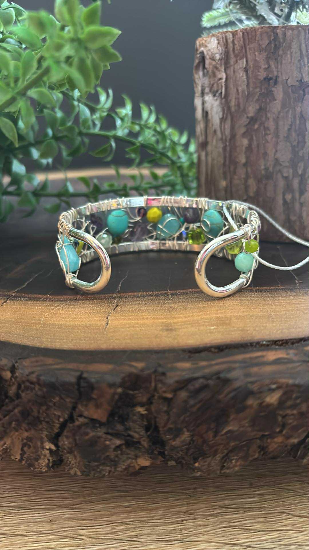 "NEW" WIDE CUFF BRACELET - WIRE WOVEN TURQUOISE, SWAROVSKI, SEAGLASS