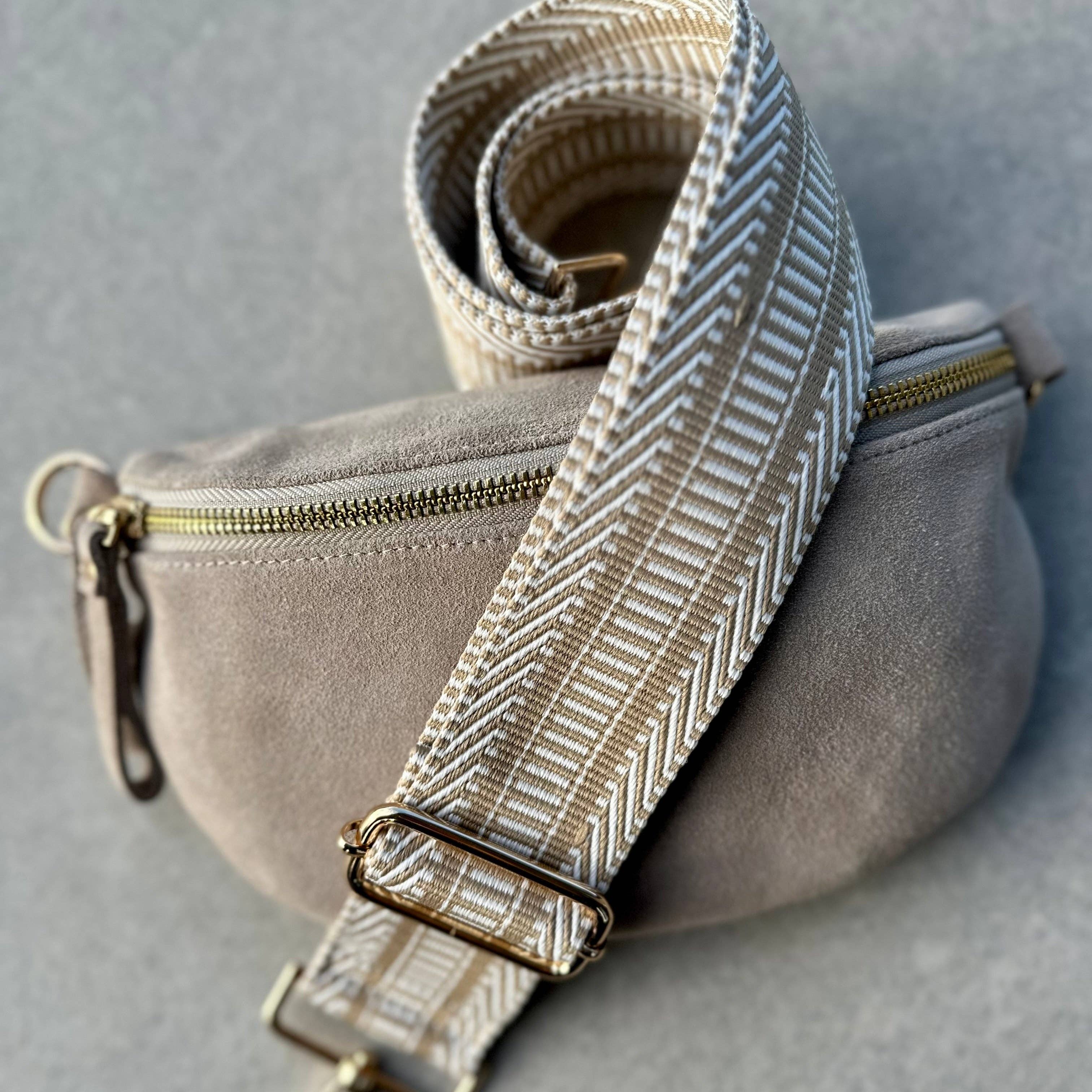 CROSSBODY BAG - IVORY DRIFT - Suede & Printed Wide Strap (Handmade)