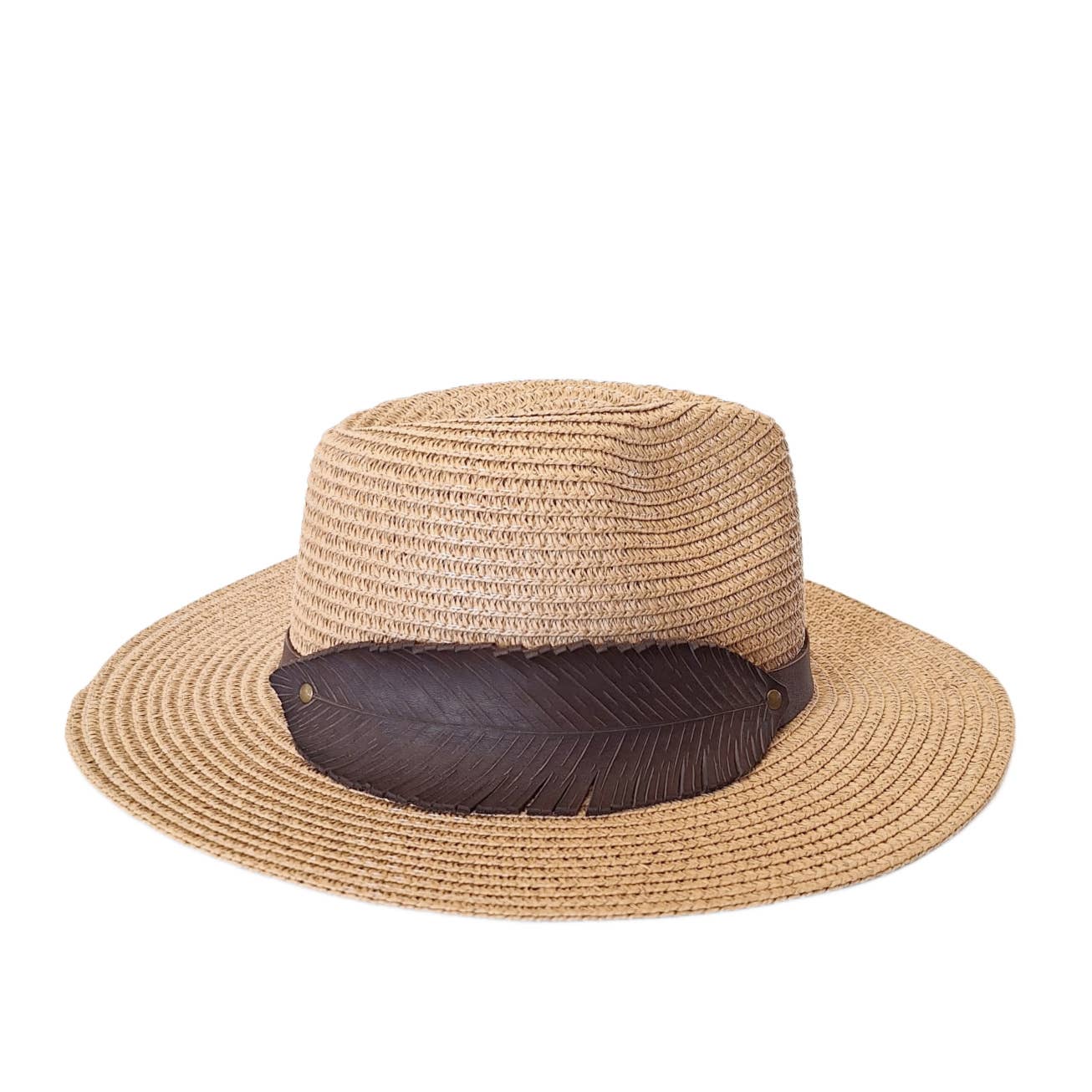 "NEW" FEDORA HAT - Womens Straw with Hand-Carved Feather Leather Band