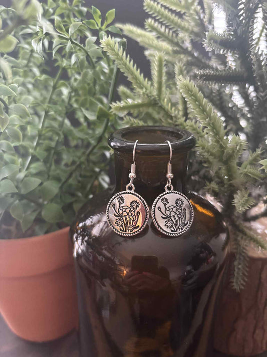 "NEW" EARRINGS - Flower Coin Drop Earrings – Silver Plated & Hypoallergenic