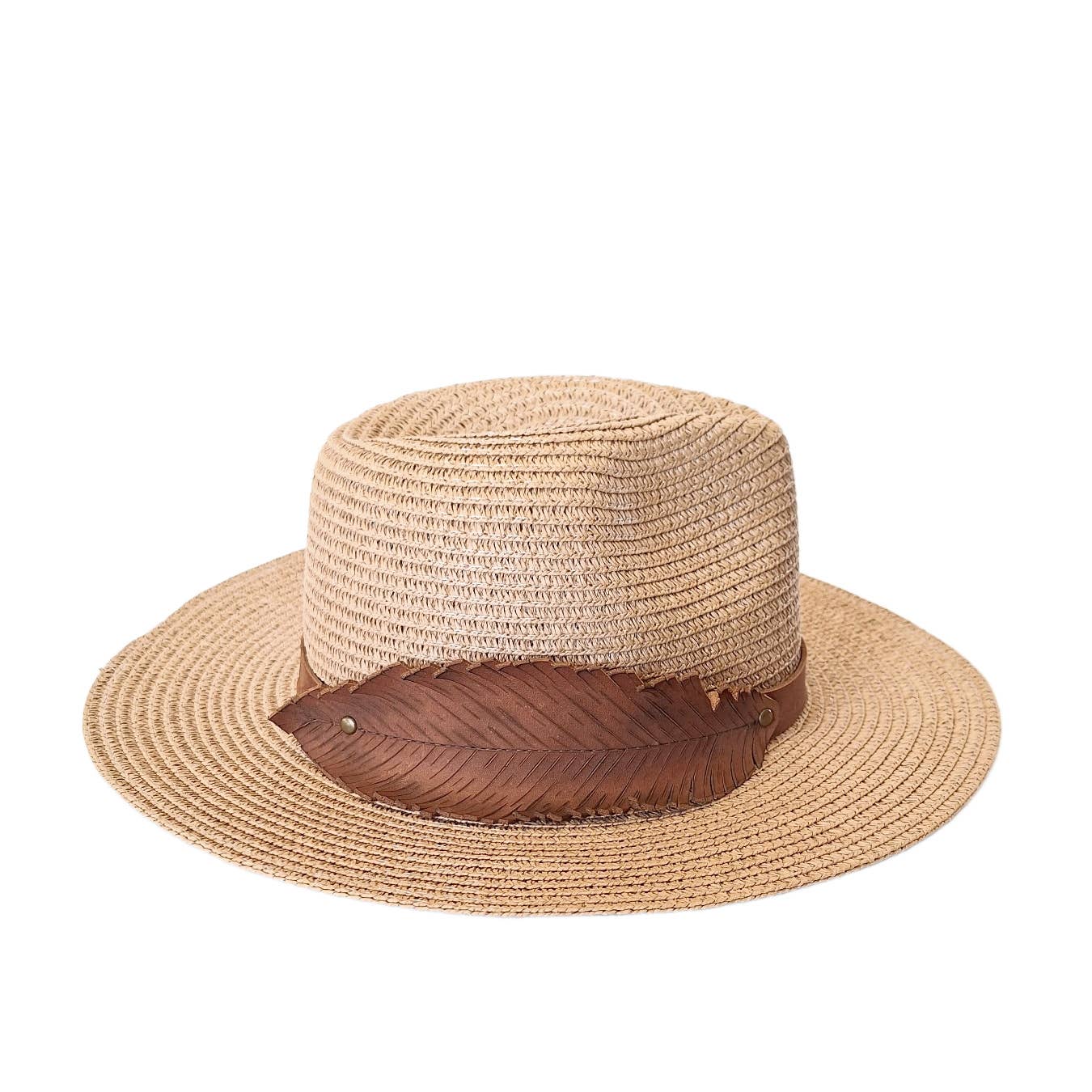 "NEW" FEDORA HAT - Womens Straw with Hand-Carved Feather Leather Band (Carmel)