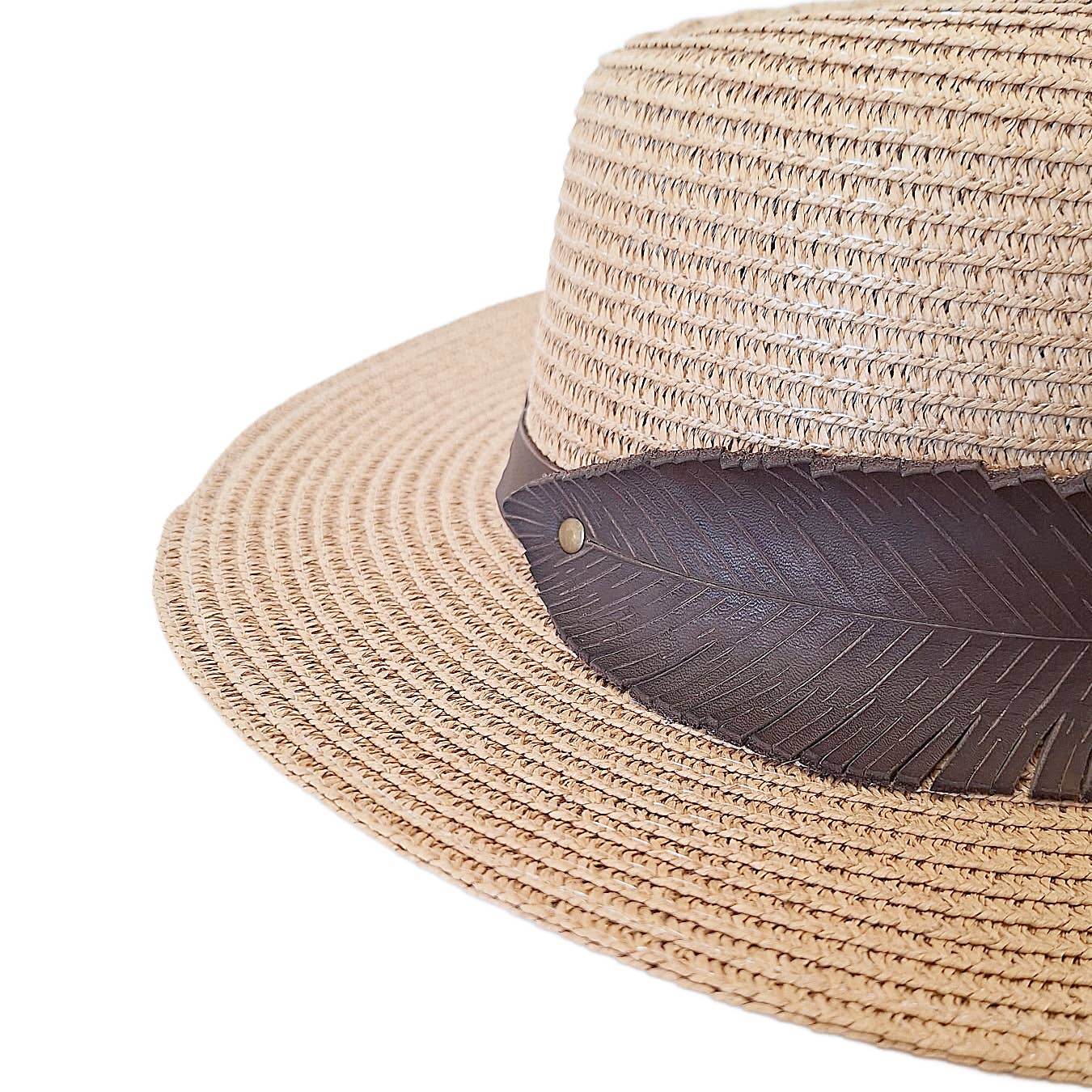 "NEW" FEDORA HAT - Womens Straw with Hand-Carved Feather Leather Band