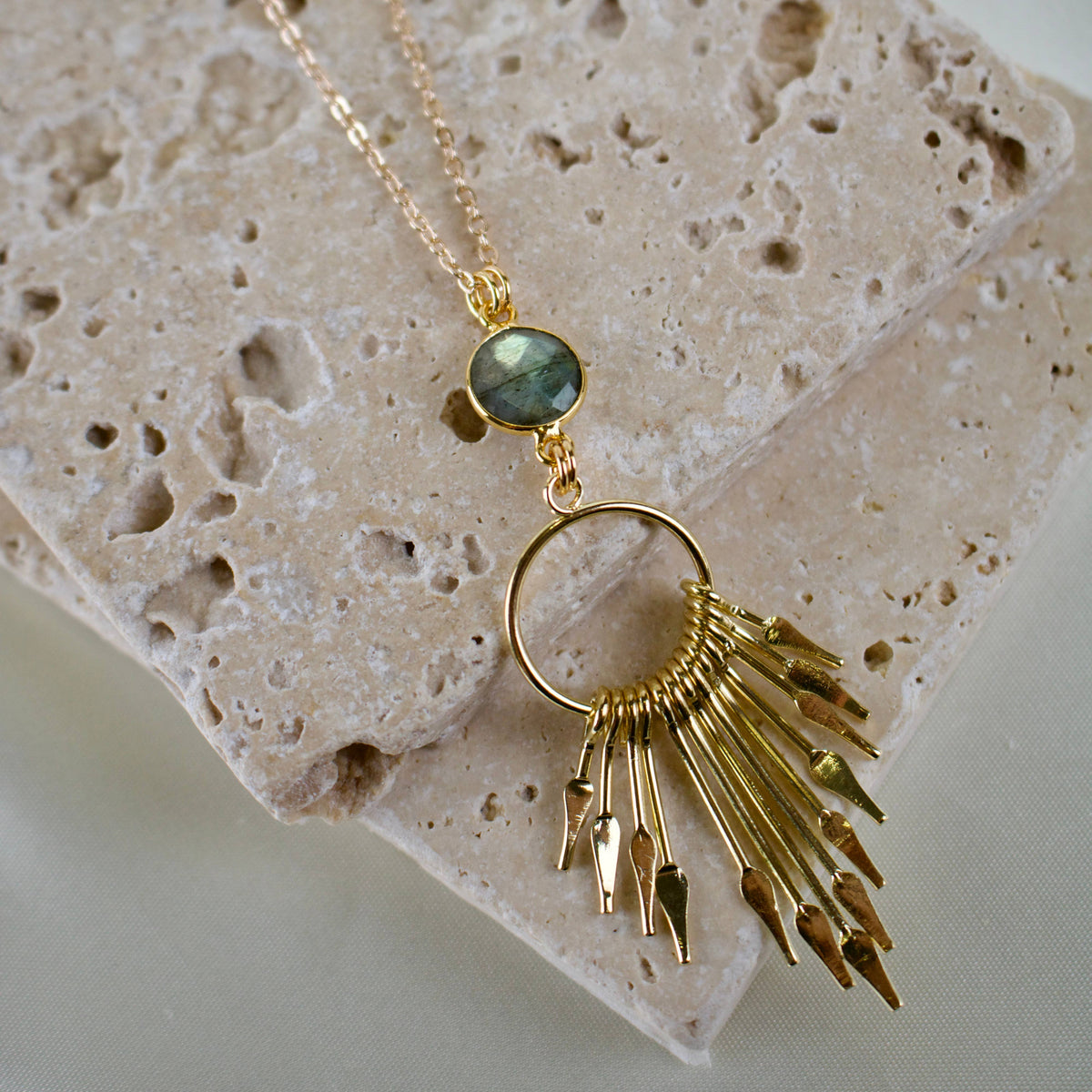 Necklace - Labradorite Crystal Gemstone Spike 28" Chain Gold Plated