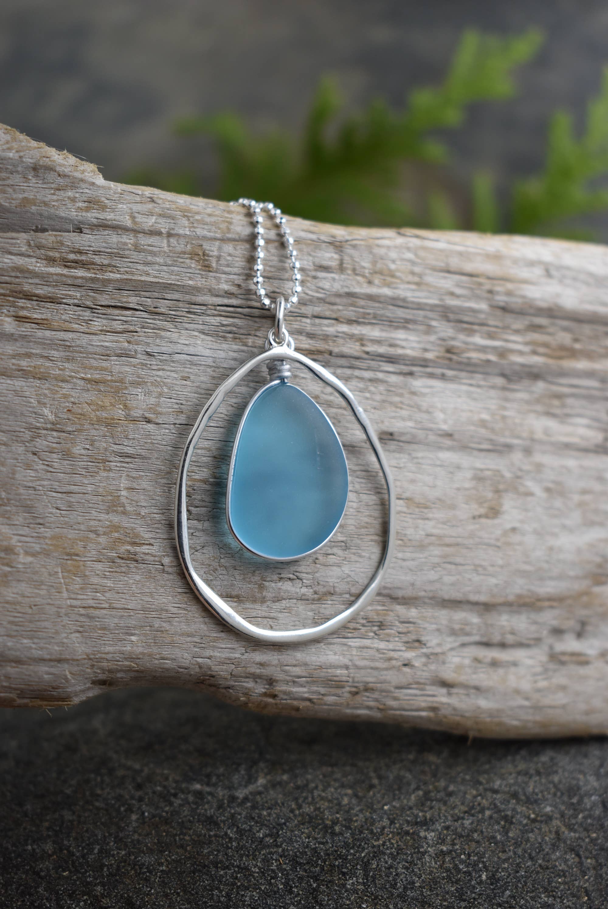 "NEW" NECKLACE - STERLING SILVER PENDANT RECYCLED GLASS -Aqua