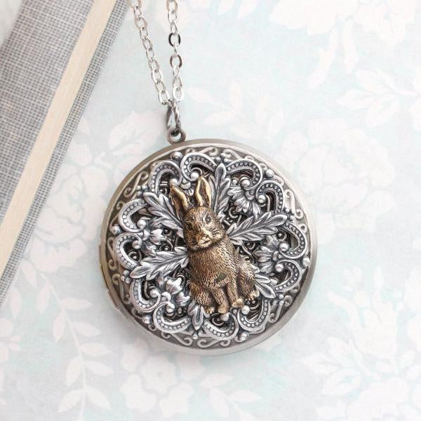 VINTAGE INSPIRED - Rabbit Locket - Large Round Brass Locket - 20 Inch Chain