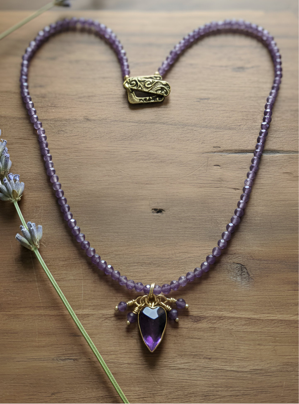 NEW - NECKLACE - AMETHYST GEMSTONES + PUFF FACETED HEART PENDANT + TIERRACAST TOGGLE CLOSURE
