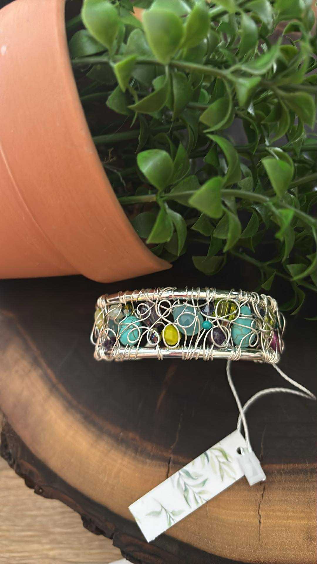 "NEW" WIDE CUFF BRACELET - WIRE WOVEN TURQUOISE, SWAROVSKI, SEAGLASS