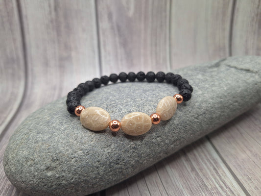 NEW - BRACELET - FOSSIL JASPER + LAVA + COPPER