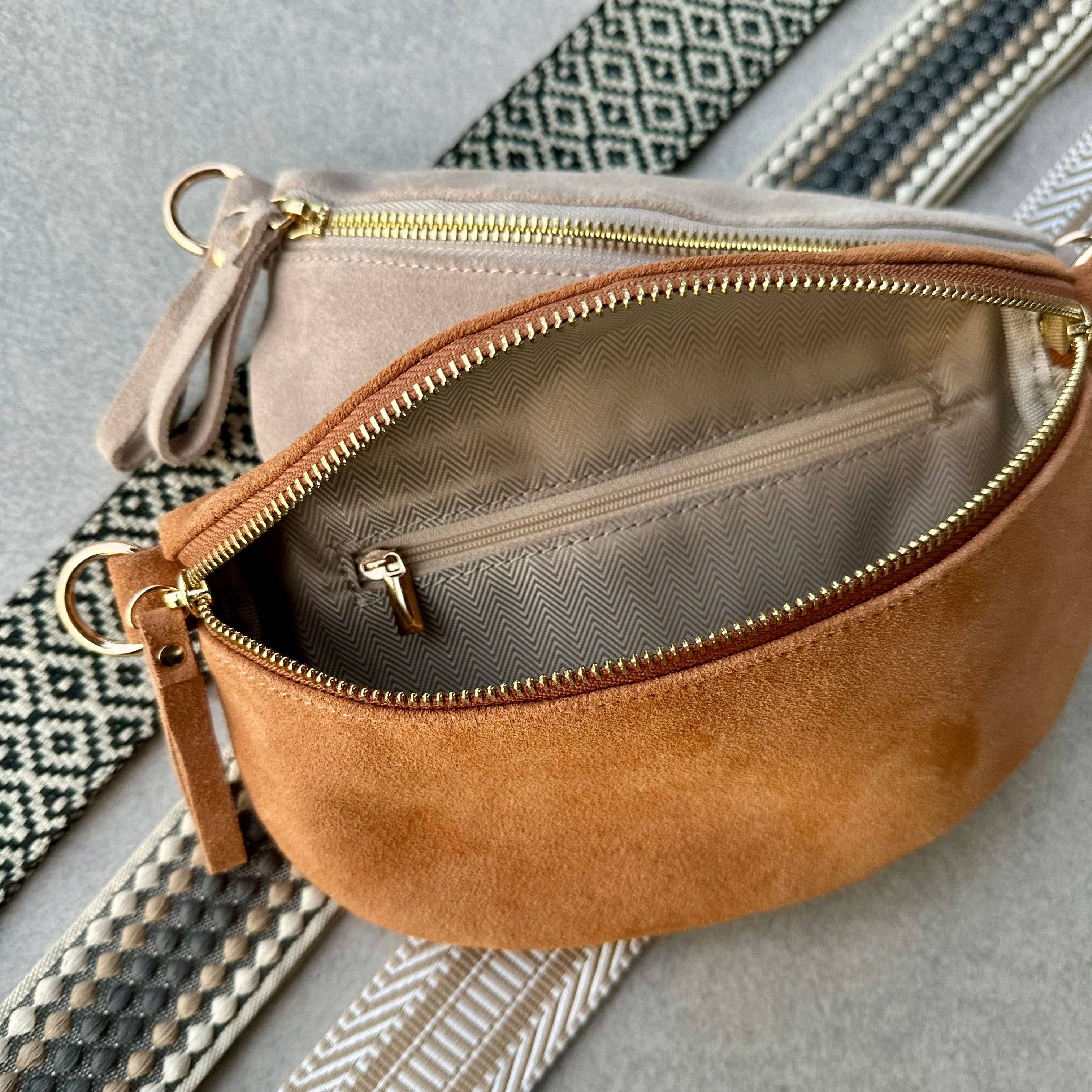 CROSSBODY BAG - TERRACOTTA Suede & Printed Wide Strap (Handmade)