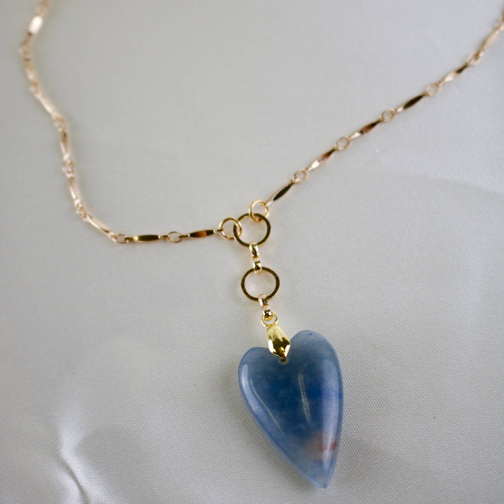 Blue Aventurine Gemstone Heart Necklace - 28 Inch - Gold Plated Chain
