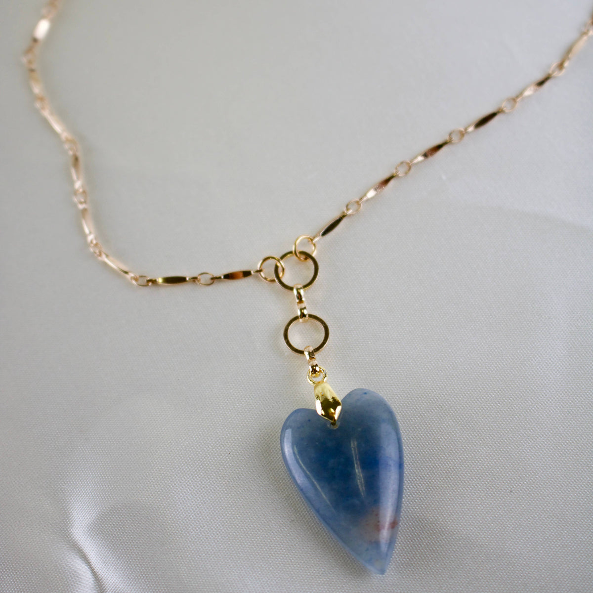 Blue Aventurine Gemstone Heart Necklace - 28 Inch - Gold Plated Chain