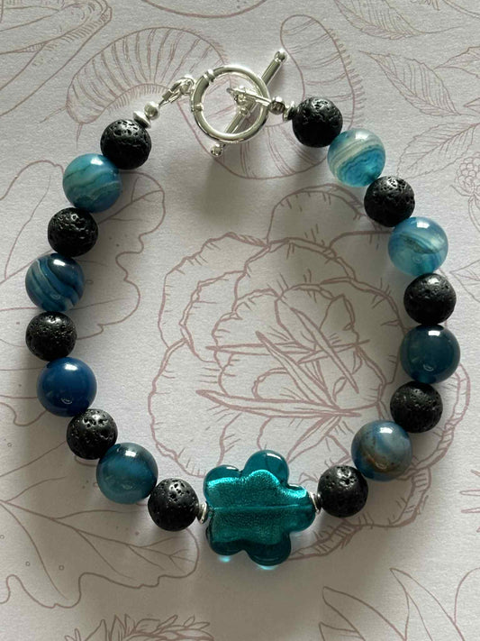NEW - BRACELET - Ocean Essence – Striped Agate & Lava Bead