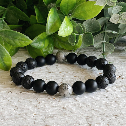 "NEW" BRACELET - MEN'S BLACK ONYX & GREY JASPER GEMSTONES