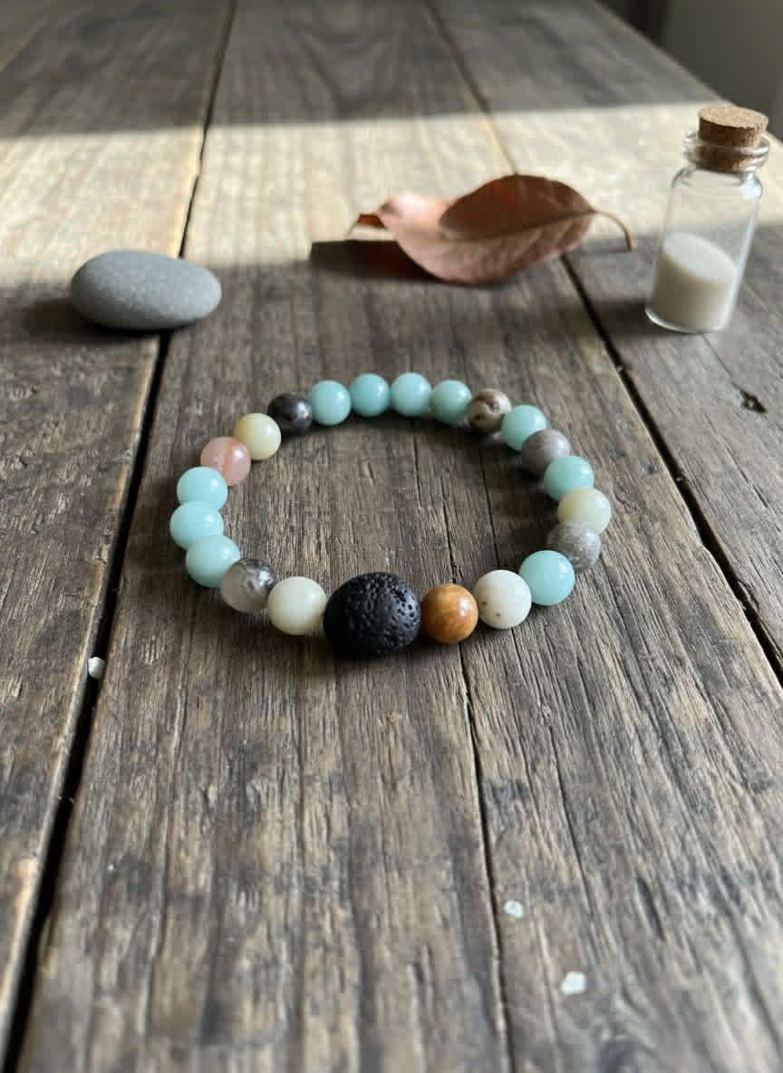 BRACELET - "COASTAL CALM" Amazonite Gemstones + Lava Coin Bead