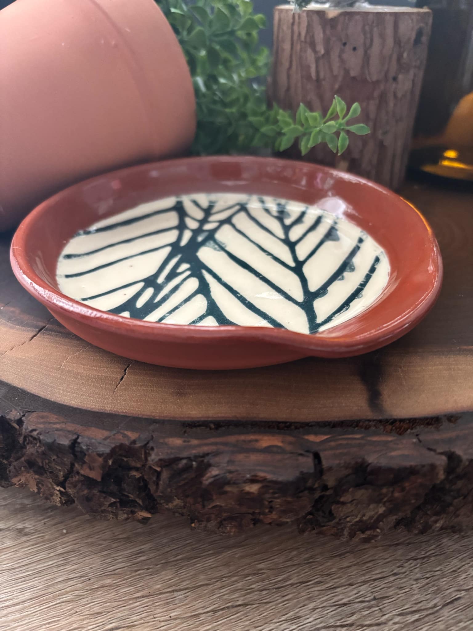 "NEW" POTTERY SPOON REST - BLUE LEAVES