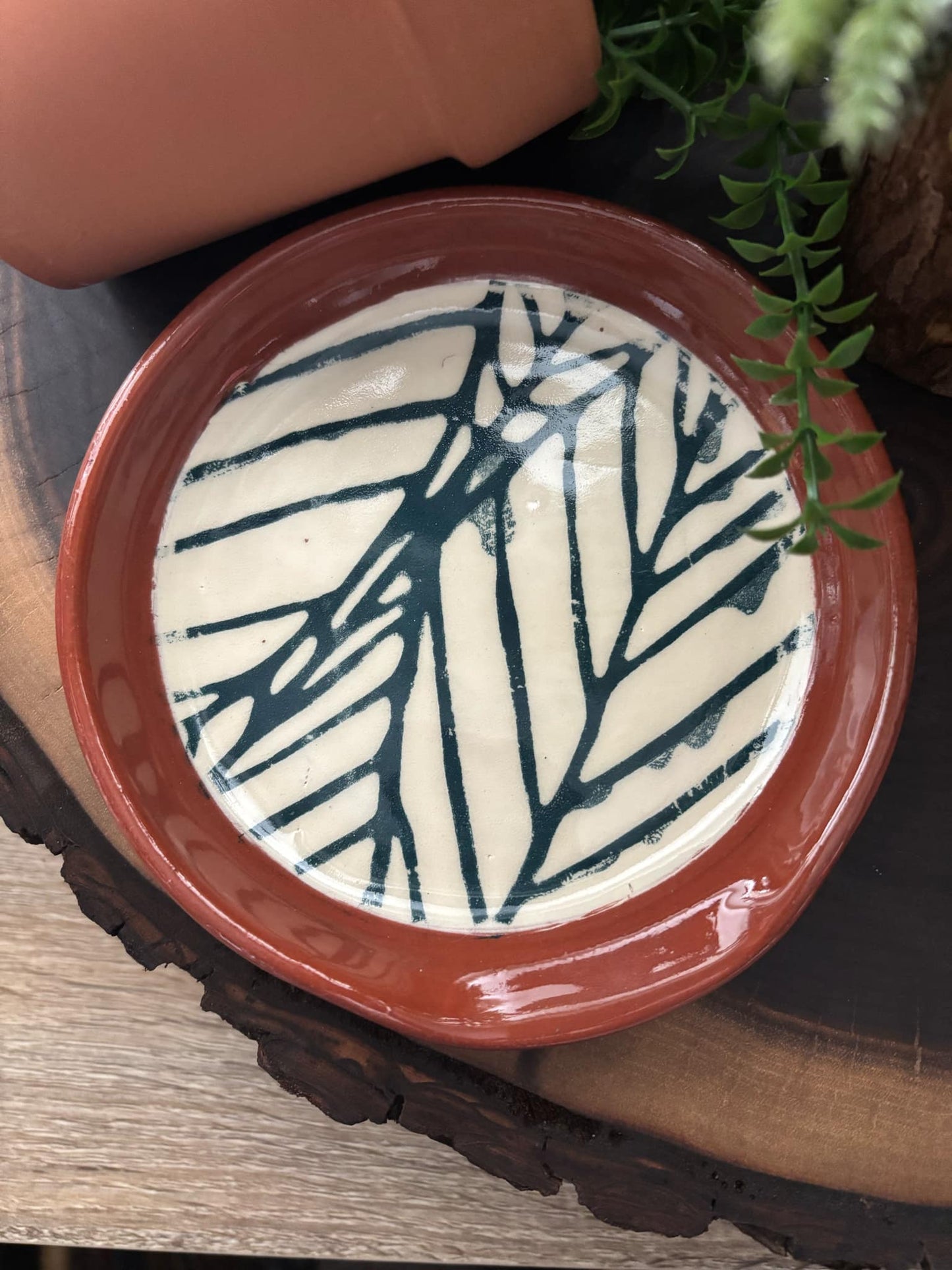 "NEW" POTTERY SPOON REST - BLUE LEAVES