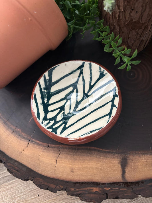 "NEW" - POTTERY TRINKET DISH - BLUE LEAVES