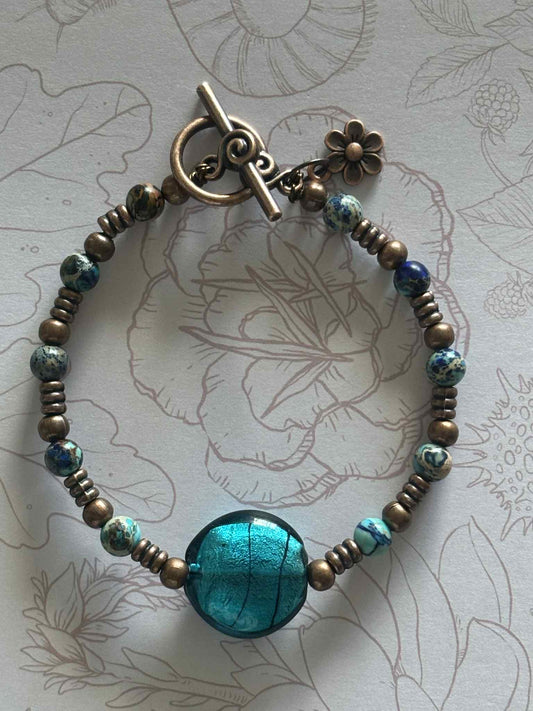NEW - BRACELET - COPPER TIDES - IMPERIAL JASPER + TEAL LAMPWORK By Wild & Rooted