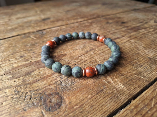 BRACELET - Dark Green Zebra Jasper & Orange Imperial Stone with Copper Accents