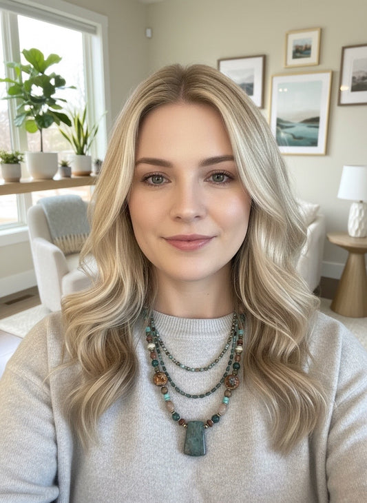 NEW - APATITE PENDANT NECKLACE - THREE STRAND - SUNSTONE, TURQUOISE, BLUE CALCITE