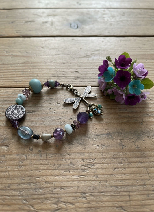 NEW - BRACELET - BOHO - Amethyst, Amazonite, Czech Glass, Vintaj Bronze Dragonfly