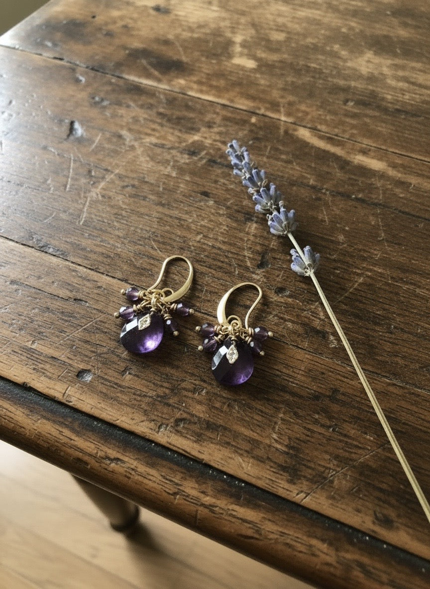 NEW - EARRINGS- AMETHYST DROP GEMSTONE + GOLD PLATED