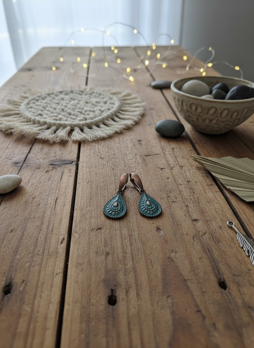 NEW - EARRINGS - ANTIQUE COPPER & BLUE PATINA TEAR DROPS