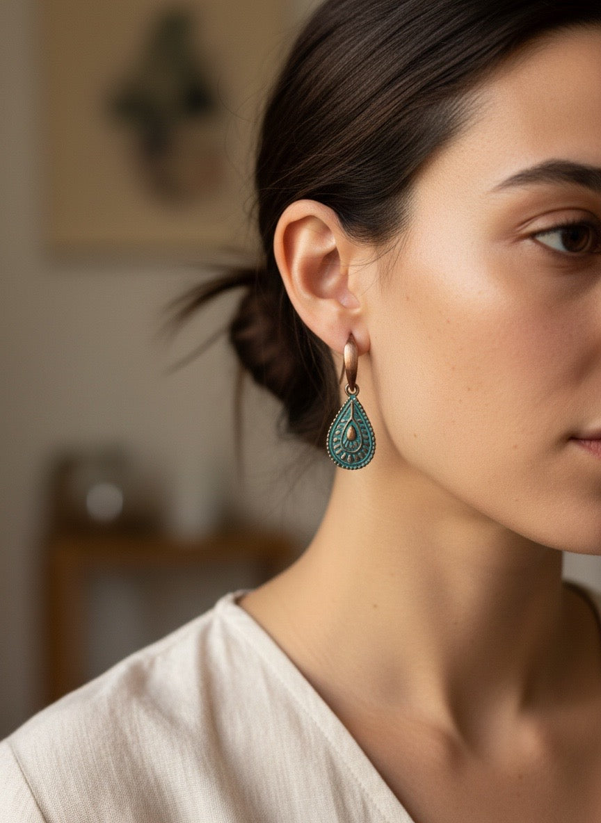 NEW - EARRINGS - ANTIQUE COPPER & BLUE PATINA TEAR DROPS
